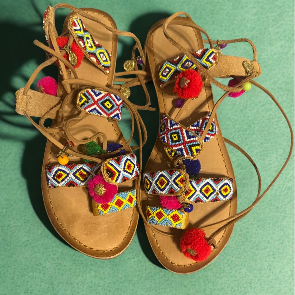 Chinese Laundry Posh Leg Tie Pom Sandal Leather Tan